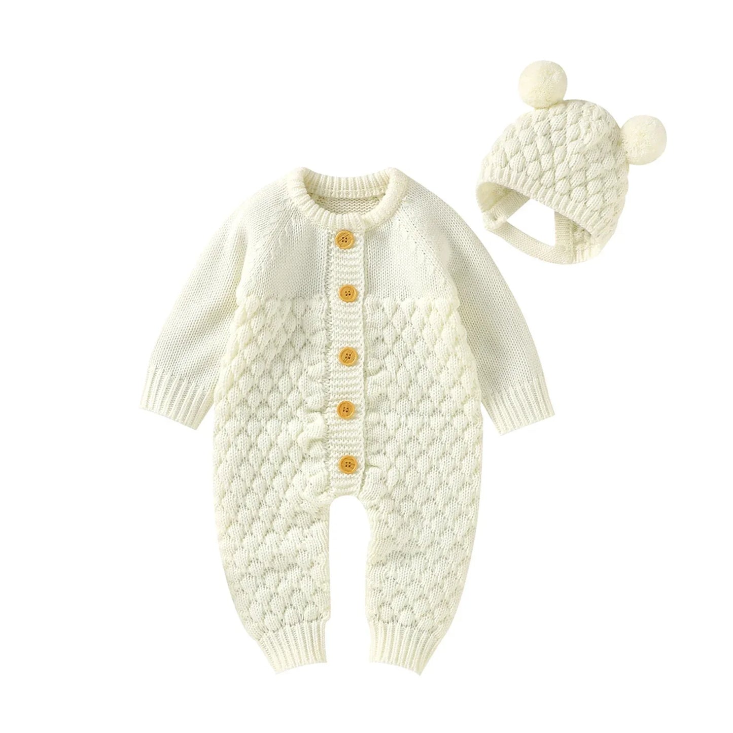Baby Knit Romper & Bear Hat Set – Cozy Winter Comfort with Charm - LunaKit Baby
