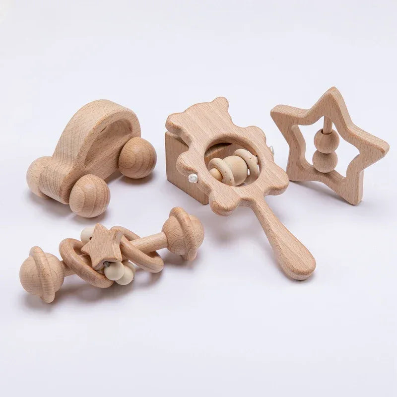 Wooden Baby Rattle Set – Montessori Play for Curious Little Hands - LunaKit Baby