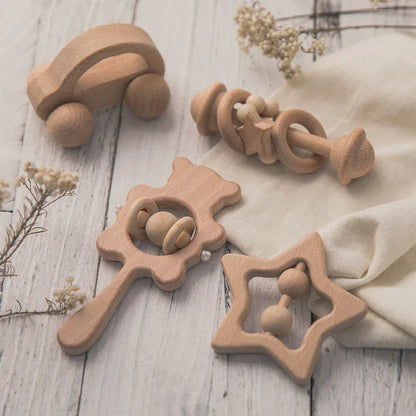 Wooden Baby Rattle Set – Montessori Play for Curious Little Hands - LunaKit Baby