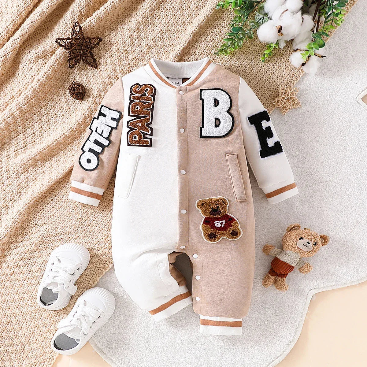 Baby Boy Suede Letter Jumpsuit – Cozy Winter Style with Personality - LunaKit Baby