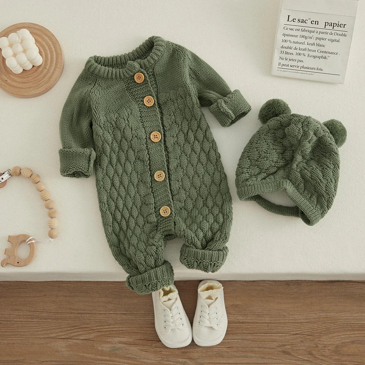 Baby Knit Romper & Bear Hat Set – Cozy Winter Comfort with Charm - LunaKit Baby