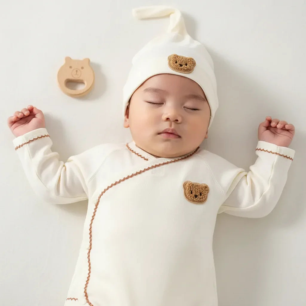 Baby Bear Romper & Beanie Set – Korean Style Comfort for Little Ones - LunaKit Baby