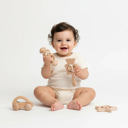 Wooden Baby Rattle Set – Montessori Play for Curious Little Hands - LunaKit Baby
