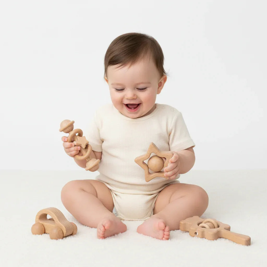 Wooden Baby Rattle Set – Montessori Play for Curious Little Hands - LunaKit Baby