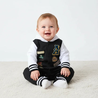 Baby Hooded Romper – Soft Stretch Comfort with Sporty Charm - LunaKit Baby