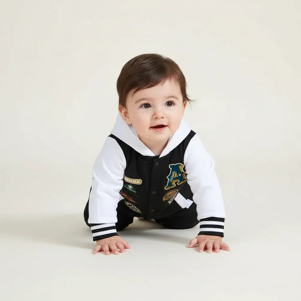 Baby Hooded Romper – Soft Stretch Comfort with Sporty Charm - LunaKit Baby