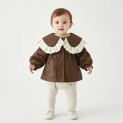 Baby Girl Winter Coat – Korean Style PU Jacket with Doll Collar - LunaKit Baby