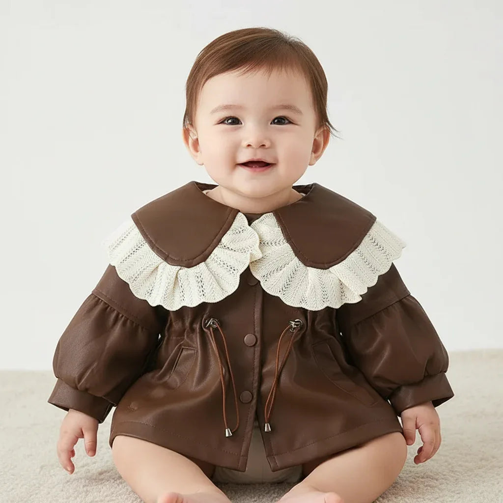 Baby Girl Winter Coat – Korean Style PU Jacket with Doll Collar - LunaKit Baby